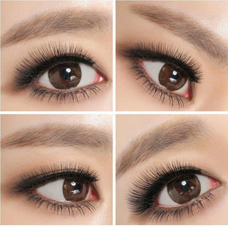 Close-up shots of brown eyes wearing NEO Vision Ruby Queen Brown (Custom Toric for Astigmatism) contacts and dark eyeliner, shown from four angles to highlight the effect. Brand: NEO Vision.