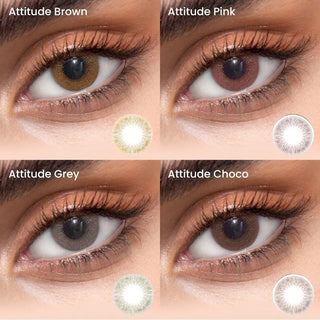 Close-up images feature EyeCandys Attitude Glitter Set (For Party Looks) colored contact lenses in Brown, Pink, Grey, and Choco, with small circular swatches highlighting these vibrant party-ready contacts.