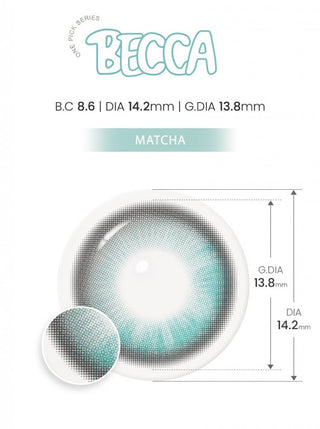 Promotional image for i-Girl One Pick Becca Matcha Blue colored contacts by i-Girl, showcasing blue-green lenses with a natural finish. Close-up highlights lens in green/black, base curve 8.6mm, diameter 14.2mm, graphic diameter 13.8mm.