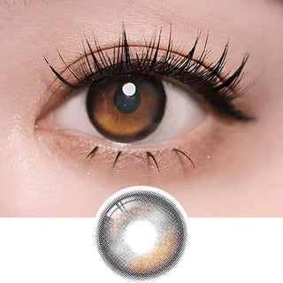 Macro shot of an eye wearing the i-Sha Oriana Edge Plus Shade Grey prescription colour contact lens, showing the multi-colored detail and natural effect on dark brown eyes, with clean eye makeup. At the bottom is the pattern of the colored lens design, showing the dotted detail and pigmentation.