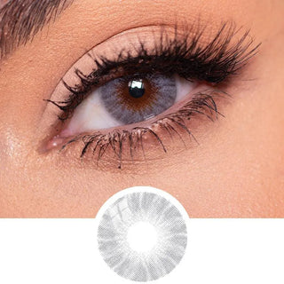 A close-up shows a person's eye with long lashes wearing EyeCandys Shade Grey contact lens. Below is an enlarged image of the EyeCandys cosmetic lens.