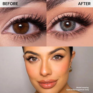 Close-up of eye before and after wearing EyeCandys Sugarlook Grey prescription colored contact lenses; model wearing Sugarlook Grey for natural grey eye look – mid enlargement, opaque coverage, natural effect.