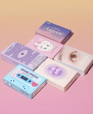 EyeCandys contact lens boxes featuring I-Girl One Pick and Gemhour, stylish packaging for high-quality, trendy colored lenses