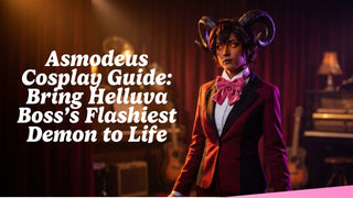 Asmodeus Helluva Boss cosplay with fire-orange EyeCandys contacts demon horns and cabaret stage lighting