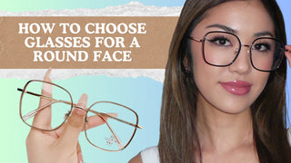 Guide on choosing glasses for a round face featuring a woman wearing oversized square frames and a hand holding similar eyeglasses.