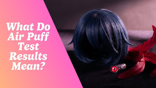 Dark editorial flat lay of a navy bob wig, red contact lens, and crimson kagune-inspired fabric for a Touka Kirishima cosplay guide Caption: (none)