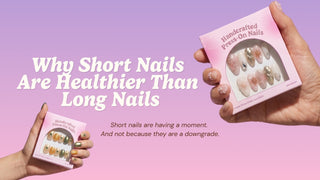 Pair of hands with short glossy nude-pink EyeCandys press-on nails resting on a blush background