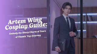 Artem Wing Tears of Themis cosplay in fitted suit with gray contacts EyeCandys attorney editorial