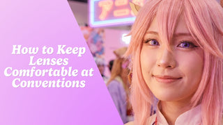 Cosplayer wearing vivid violet contact lenses at a busy anime convention with neon lights