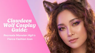 Clawdeen Wolf Monster High cosplay with golden contacts purple eyeshadow and curly brown hair