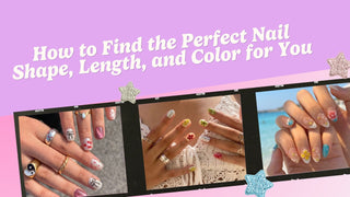 Press-on nail sets in various shapes from short round to long almond on marble surface