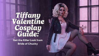Tiffany Valentine Bride of Chucky cosplay with platinum wig dark lips and EyeCandys green contacts