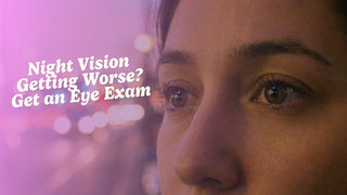 Close-up of eyes at night reflecting blurred streetlights and car headlights, representing night vision problems and the need for an eye exam