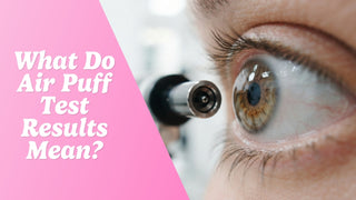 Close-up of a non-contact tonometry air puff machine positioned near an open eye during an eye exam