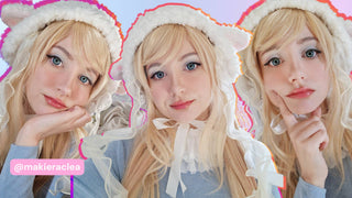 Three close-up shots of a cosplayer with blonde hair and blue eyes, wearing fluffy white earmuffs and subtle makeup, showcasing the transformative effect of colored contact lenses on enhancing eye color and overall appearance.
