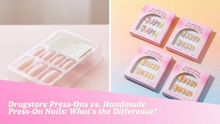 Comparison of drugstore press-on nails and handmade press-on nails side by side