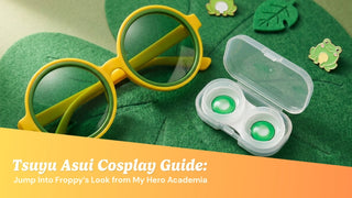 Green frog-themed cosplay accessories with round goggles and green contact lenses on green background