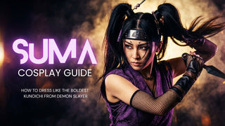Suma Demon Slayer cosplay guide featuring purple kunoichi costume, fishnet arm sleeves, and twin black ponytails 