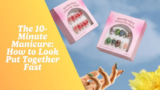 Styled press-on nails in french tip, red, pearl, and pink designs on a linen surface