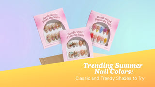 EyeCandys summer press-on nails flat lay in trending shades including coral butter yellow and lavender