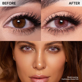 Close-up of a woman’s eyes shows "before" and "after" shots, with brown eyes transformed using EyeCandys Shade Pink contacts for dark eyes. The bottom image shows her wearing EyeCandys Shade Pink lenses on both eyes.