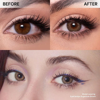 A split image shows brown eyes before and after wearing EyeCandys Mocha Mousse Bundle (5 Pairs) contacts. The "after" look features larger, brighter, more defined eyes with subtle makeup, highlighting the beauty of these colored prescription lenses.