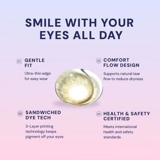 In the center, the EyeCandys Mocha Mousse Bundle (5 Pairs) circular contact lens is displayed, with text highlights: gentle fit, comfort flow design, sandwiched dye tech, and health & safety certification on a light purple background.