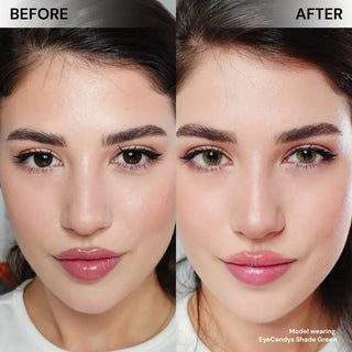 Side-by-side comparison of a woman's face: left shows her natural brown eyes; right, labeled "AFTER," she wears EyeCandys Shade Green contacts. Corner text reads "Model wearing EyeCandys Shade Green.