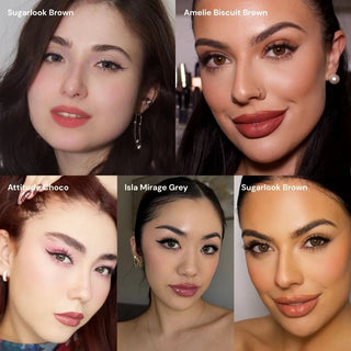 A collage of five women in trendy makeup and EyeCandys Mocha Mousse Bundle (5 Pairs) colored contacts—featuring shades like Sugarlook Brown, Amelie Biscuit Brown, Attitude Choco, and Isla Mirage Grey—showcases stylish prescription lenses.