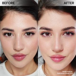 Side-by-side close-up of a woman’s face: left labeled “Before,” right labeled “After.” In the “After” image, she wears EyeCandys Shade Pink colored contact lenses. Caption: Model is wearing EyeCandys Shade Pink.