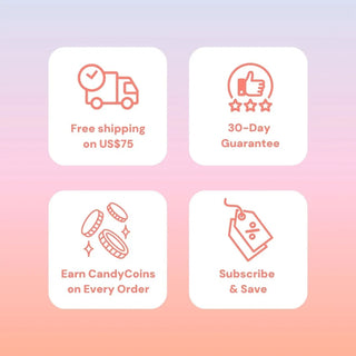 Four icons with text: Free shipping on US$75, 30-Day Guarantee, Earn CandyCoins on Every Order, and Subscribe & Save—plus a pink-purple gradient backdrop—perfect for stocking up on EyeCandys Mocha Mousse Bundle (5 Pairs) prescription colored contacts.