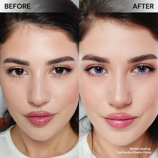 Side-by-side comparison of a woman's face: left shows her natural brown eyes (Before); right shows her wearing EyeCandys Shade Violet Purple contacts, highlighting the transformation. Text: "Model wearing EyeCandys Shade Violet Purple.