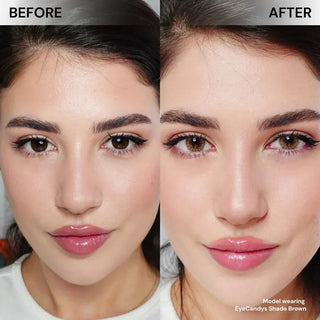 Side-by-side comparison of a woman’s face before and after wearing EyeCandys Shade Brown contacts by EyeCandys. “BEFORE” shows her natural eyes; “AFTER” reveals lighter brown eyes and enhanced eye definition.