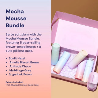 An open pink box displays five pastel lens cases and a pill-shaped case. Text describes the EyeCandys Mocha Mousse Bundle (5 Pairs), featuring brown contacts and a stylish pill lens case.