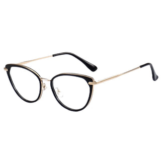 The EyeCandys Aura Cat Eye eyeglasses feature black rims, gold temples, clear lenses, adjustable nose pads, and a wide fit design—blending standout style with comfort.
