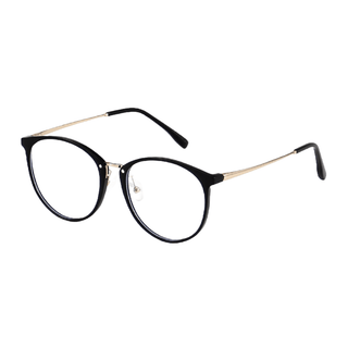 The EyeCandys Infinity Oversized Oval features vintage-inspired round black rims, thin gold-colored temples with black tips, and clear lenses. These wide-fit eyeglasses include adjustable nose pads for comfort.