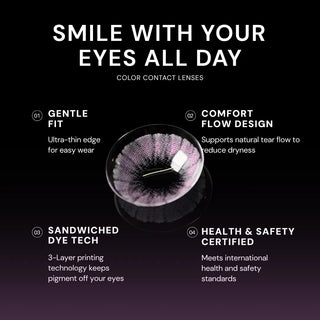 A circular graphic shows the EyeCandys Shade Pink contact lens in a champagne-pink shade, surrounded by features: gentle fit, comfort flow design, sandwiched dye tech, and health & safety certified. "Smile with your eyes all day.
