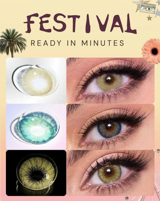 Collage of Festival Szn Set for Lenses. Date to be Hazel, Isla Blue grotto, Desire Green. 