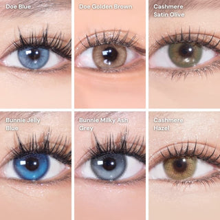 EyeCandys 3 Lens Bundle featuring Doe Blue, Doe Golden Brown, Cashmere Satin Olive, Bunnie Jelly Blue, Bunnie Milky Ash Grey, and Cashmere Hazel Colored Contact Lenses