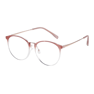 The EyeCandys Infinity Oversized Oval features round vintage eyeglasses with a pink and clear gradient oversized oval frame, slim metal arms, and clear nose pads, displayed on a white background.