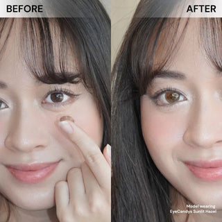 Side-by-side photo of a woman. Left: she holds EyeCandys Mocha Mousse Bundle (5 Pairs) near her eye. Right: wearing the brown contacts, her eyes appear hazel. Text: "BEFORE" and "AFTER.