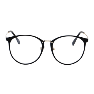 The EyeCandys Infinity Oversized Oval is a pair of black vintage eyeglasses with thin metal frames, clear lenses, and a wide fit design, shown from the front on a white background.