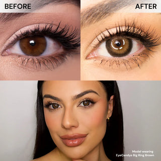 Split image of a brown eye before and after wearing EyeCandys Pink Label Big Ring Brown lenses—eyes look brighter and bigger. Below, a woman with enhanced, doll-like eyes and makeup. Text: "Big Ring Brown Circle Lenses.