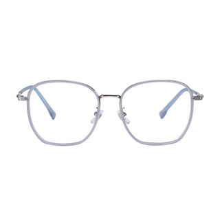 The EyeCandys Therese Oversized Square features a TR and metal frame with thin silver rims and light blue temple tips, shown front-facing on a white background—ideal for those seeking stylish, lightweight eyewear.