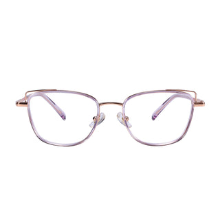 The Kaylee Cat Eye by EyeCandys features stylish, thin, light purple metal frames and rectangular lenses, displayed facing forward on a white background.