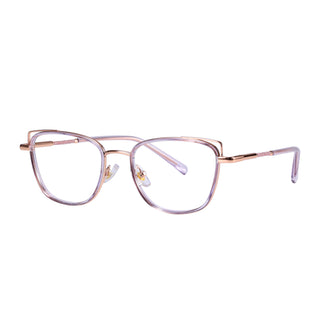 The EyeCandys Kaylee Cat Eye features thin rose gold metal frames, clear pink-tinted lenses, a modern geometric cat eye square shape, adjustable nose pads, and transparent pink temple tips for chic style.