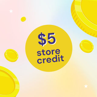 Yellow circle with large text "$5 store credit" in the center, surrounded by floating gold coins, on a pastel gradient background.