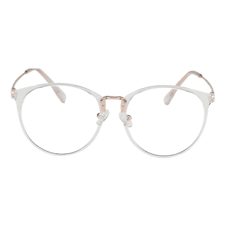 The EyeCandys Infinity Oversized Oval eyeglasses feature clear round frames with thin, transparent plastic and rose gold metal accents on the bridge and temples, displayed facing forward on a white background.