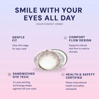 Two EyeCandys Pink Label Vintage Grey contact lenses are featured against a blue-to-pink gradient background, with bold headline text and four benefits: gentle fit, comfort flow design, sandwiched dye tech, and health & safety certified.
