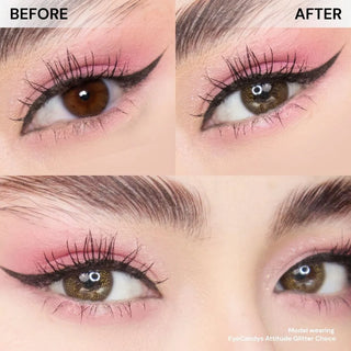 Side-by-side comparison of an eye before and after wearing EyeCandys Mocha Mousse Bundle (5 Pairs) lenses, highlighting a vivid change in iris color and brightness with pink eyeshadow and bold black liner. Text: “BEFORE” and “AFTER.”.